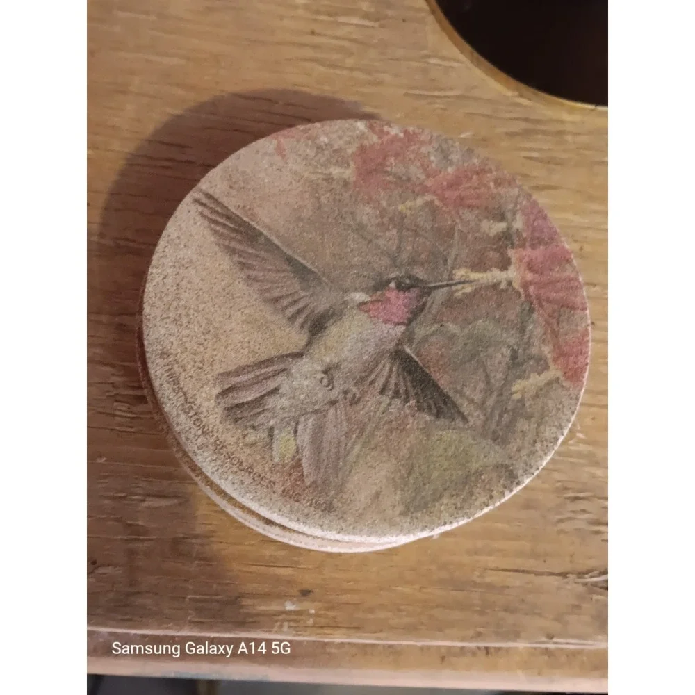 Hummingbird Stone Coasters Set of 4 Round Sandstone Cork Back Floral Drink